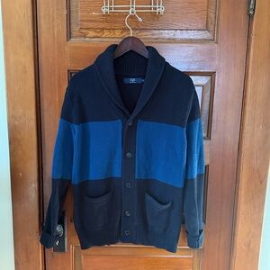 J.Crew Factory Shawl Collar Cardigan Navy Blue Royal Blue Colorblock Stripe